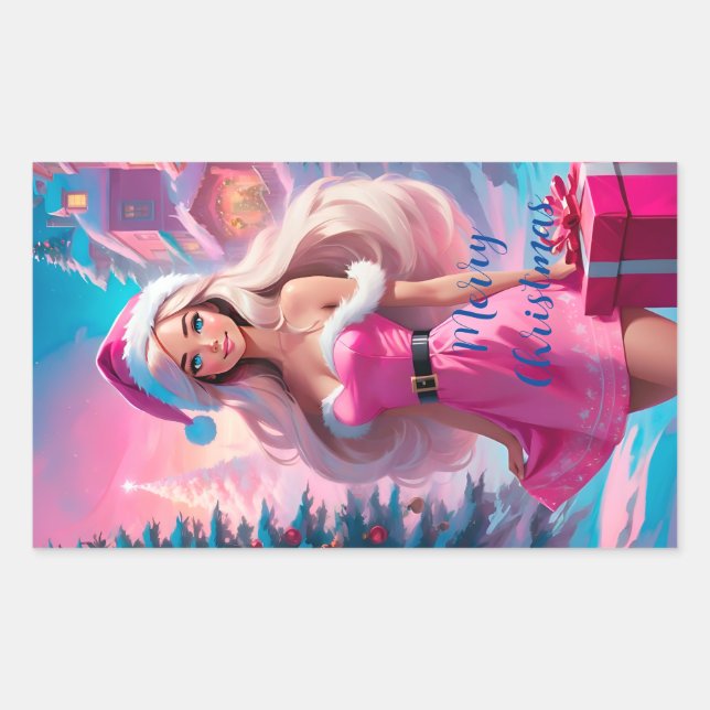 Schönes rosa Weihnachtsmädchen 01 Rechteckiger Aufkleber (Vorderseite)