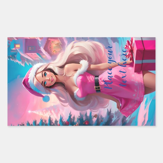 Schönes rosa Weihnachtsmädchen 01 Rechteckiger Aufkleber (Vorderseite)