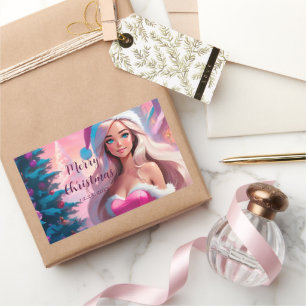 Schönes rosa Weihnachtsmädchen 01 Rechteckiger Aufkleber