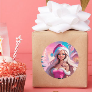 Schönes rosa Weihnachtsmädchen 01 Runder Aufkleber