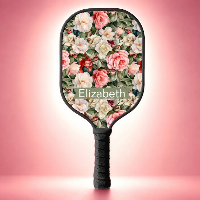Schönes Rosengarten-Muster personalisiert Pickleball Schläger (Pretty Rose Garden Patterned And Personalized Pickleball Paddle For Women.)