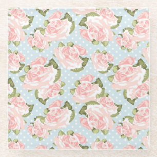 Schönes Rosenmuster mit blauen Polkapunkten Glasuntersetzer