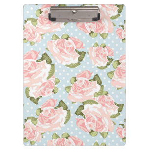 Schönes Rosenmuster mit blauen Polkapunkten Klemmbrett