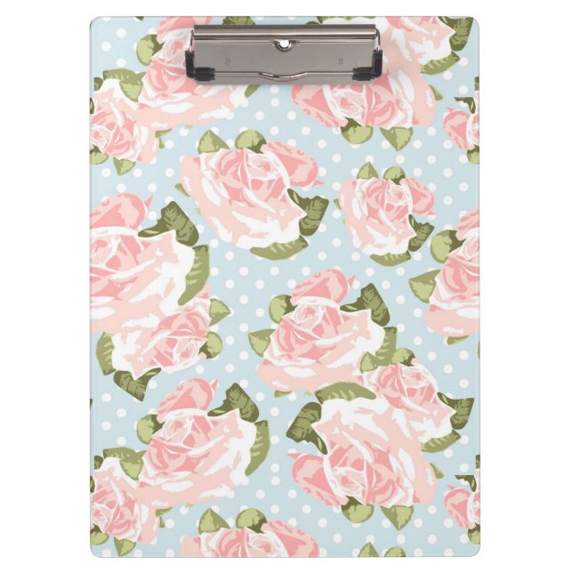Schönes Rosenmuster mit blauen Polkapunkten Klemmbrett (Vorderseite)