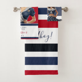 Schönes Rot-Blau Nautical Button-Up-Girl Badhandtuch Set