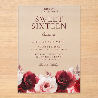 Schönes Rot & Blüte Blumensaft 16 Geburtstag Acryleinladungen