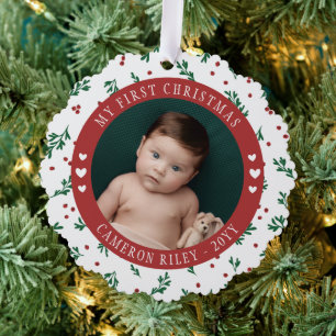 Schönes rotes Beerenmuster Baby erstes Weihnachten Ornament Karte