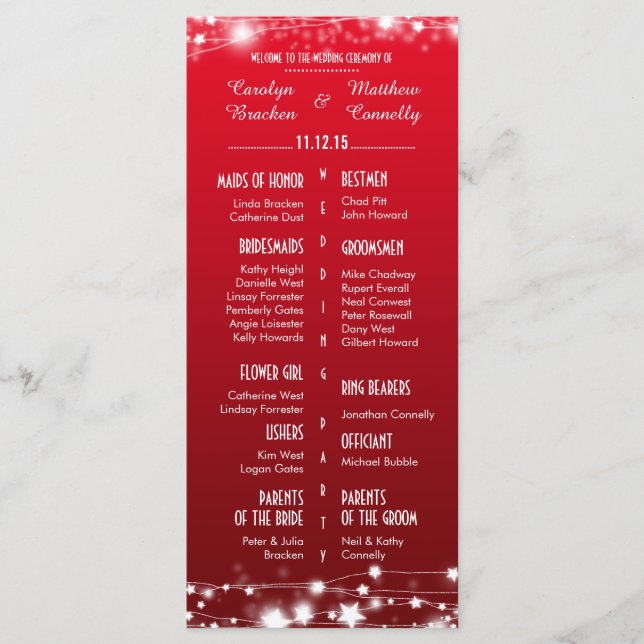 Schönes Rotes Hochzeitsprogramm für glühende Stern Programm (Vorderseite)