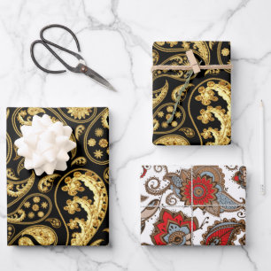 Schönes rotes, schwarzes und goldenes Paisley-Must Geschenkpapier Set