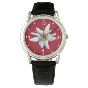 Schönes rotes Stück mit weißem Edelweiss Blüte Armbanduhr