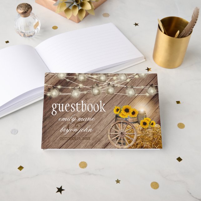 Schönes Rustikales Holzfass mit Sonnenblumen Gästebuch (Vorderseite Offen)