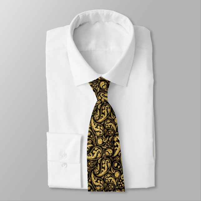 Schönes Schwarz-Gold-Paisley-Muster Krawatte (Gebunden)