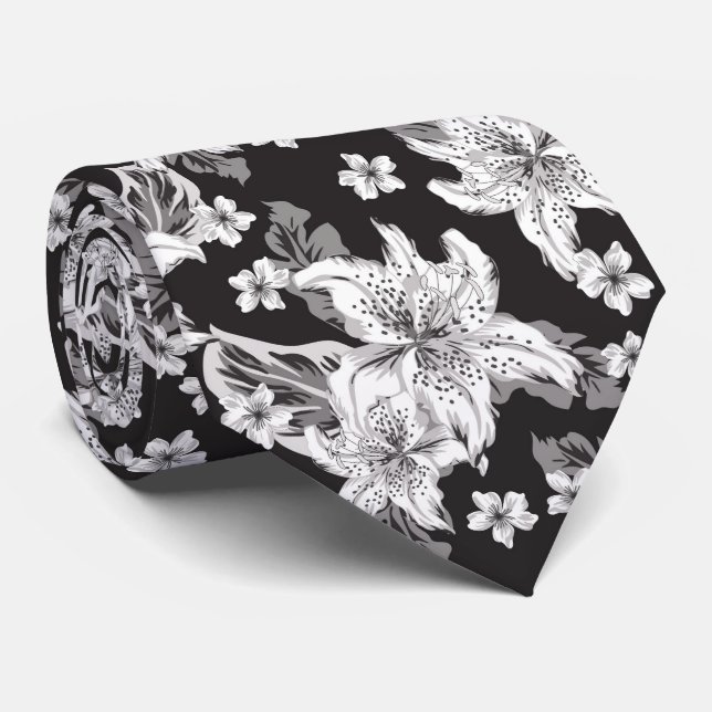 Schönes schwarz weißes Blumenmuster Krawatte (Gerollt)