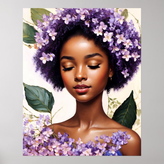 Schönes Schwarzes Mädchen Purple Blumen Portrait Poster (Vorne)