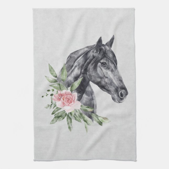 Schönes Schwarzes Pferd Kopf Portrait Wasserfarbe Geschirrtuch (Vertikal)