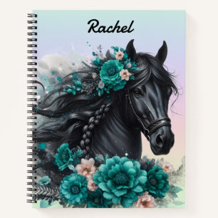 Schönes schwarzes Pferd mit Türkisen Blumen Notizbuch