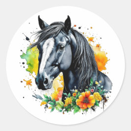 Schönes schwarzes Pferd umgeben von gelben Blumen Runder Aufkleber