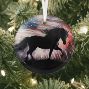 Schönes Schwarzes Pferd und amerikanische Flagge Ornament Aus Glas