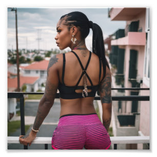 Schönes Schwarzes Tattoo Girl in Pink Shorts Fotodruck