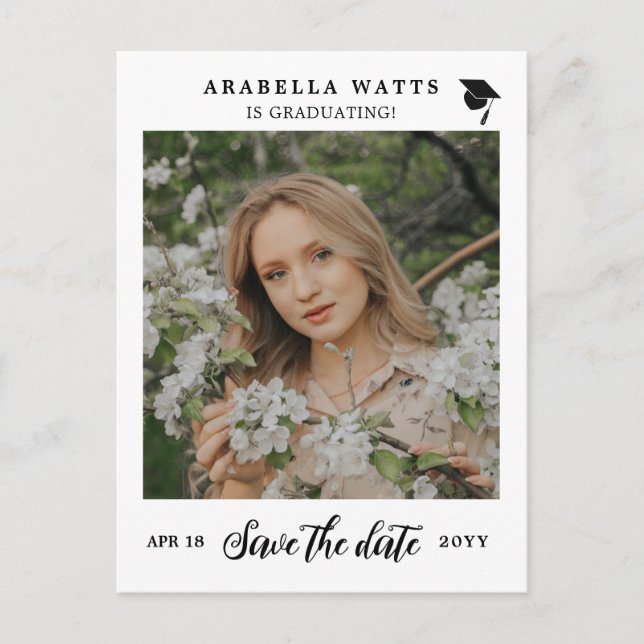 Schönes Script-Abschluss-Foto Save the Date Ankündigungspostkarte (Vorderseite)