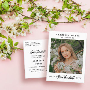 Schönes Script Sweet 16 Foto Save the Date Ankündigungspostkarte