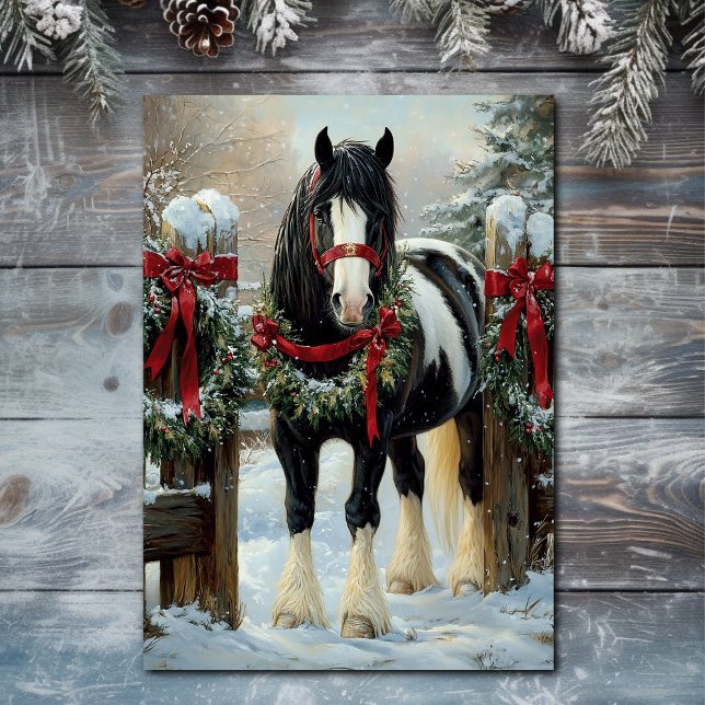 Schönes Shire Draft Horn und Kranz Weihnachten (Front - Beautiful Shire Draught Horse and Wreath Christmas Holiday Card)