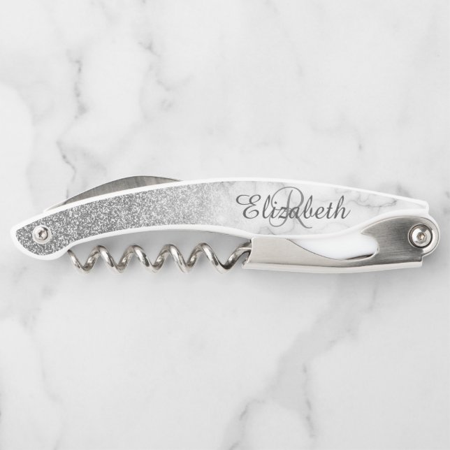 Schönes Silbernes Marmor Monogramm Ombre Glitter Kellnermesser (Rückseite)