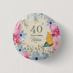 Schönes Spiel Moderne rustikale Blumen 40. Geburts Button