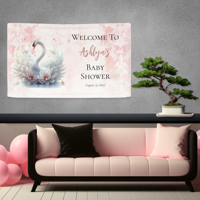 Schönes Swan Pink Floral Damask Girl Babydusche Banner (Beautiful Swan Pink Floral Damask Girl Baby Shower Banner)