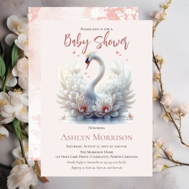 Schönes Swan Pink Floral Damask Girl Babydusche Einladung (Beautiful Swan Pink Floral Damask Girl Baby Shower Invitation)