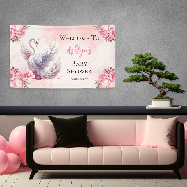 Schönes Swan Pink Floral Girl Babydusche Banner (Beautiful Swan Pink Floral Peonies Girl Baby Shower Banner)