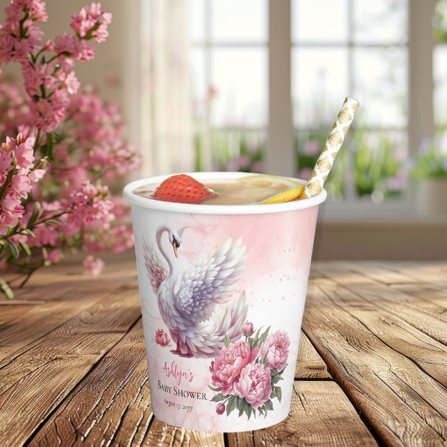 Schönes Swan Pink Floral Girl Babydusche Pappbecher (Beautiful Swan Pink Floral Peonies Girl Baby Shower Paper Cups)