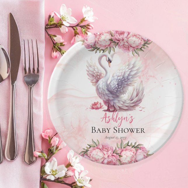 Schönes Swan Pink Floral Girl Babydusche Pappteller (Beautiful Swan Pink Floral Peonies Girl Baby Shower Paper Plates)