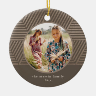 Schönes Taupe Geometric Pattern Foto Weihnachten Keramik Ornament