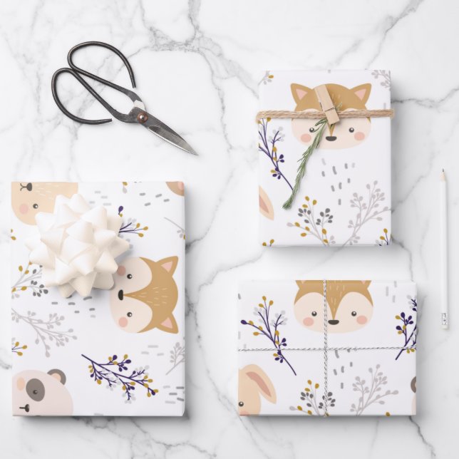 Schönes Tierkopfmuster und Blumenmuster Geschenkpapier Set (Vorderseite)