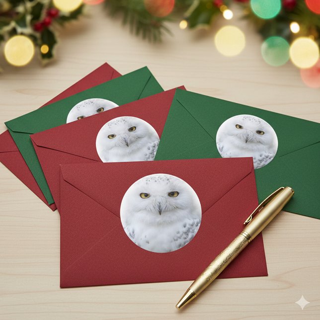 Schönes, traumhaftes und serenschneesicheres Owl Runder Aufkleber (Snowy Owl Sticker Cover Photo)