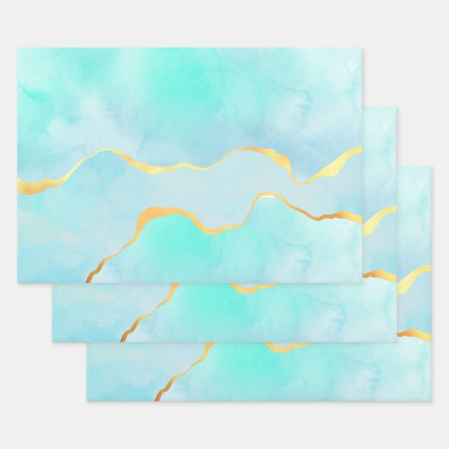 Schönes tropisches grünes Blau mit goldener Grenze Geschenkpapier Set (Set)