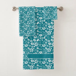 Schönes Türkis-Blau-Blumenmuster-Monogramm Badhandtuch Set