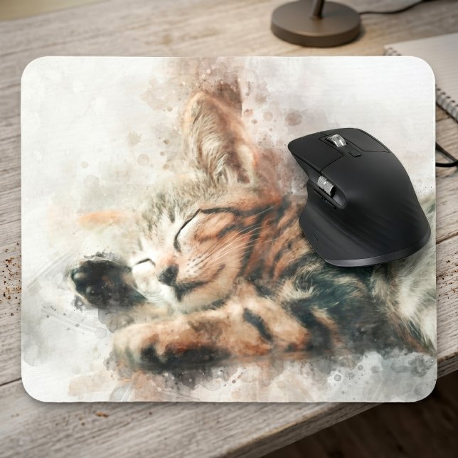 Schönes und niedliches Kätzchen, das eine Wasserfa Mousepad (Beautiful and cute kitten sleeping watercolor. mouse pad)