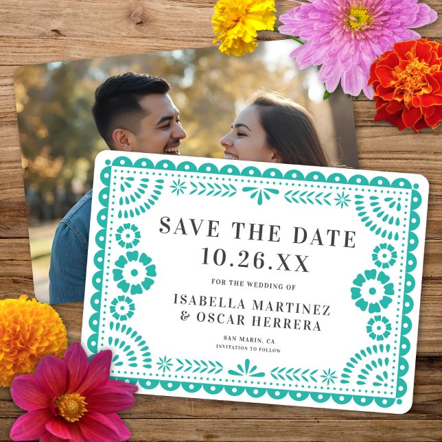 Schönes Verziertes Papel Picado Foto Aqua Wedding Save The Date (Von Creator hochgeladen)