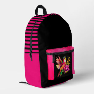 Schönes Vogel- und Blumenmuster, schwarze Streifen Bedruckter Rucksack