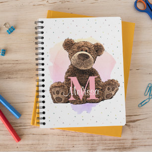 Schönes Wasserfarben-Monogramm Name Rosa Teddybär Notizbuch