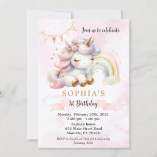 Schönes Wasserfarbeneinhorn und Regenbogen Geburts Einladung