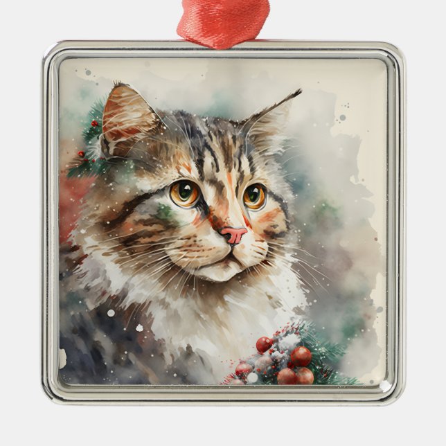SCHÖNES WASSERFARBENFARBIGES WINTERTABBY CAT-FELD ORNAMENT AUS METALL (Vorne)
