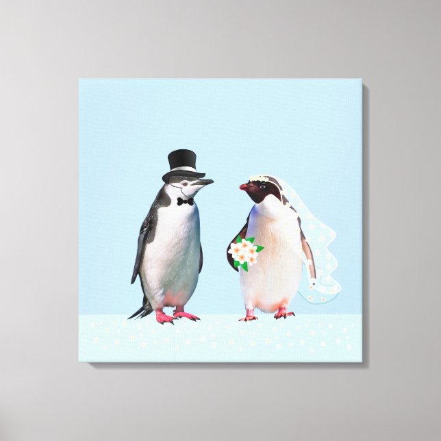 Schönes Wedding Pinguin Couple auf Light Blue Leinwanddruck (Vorderseite)