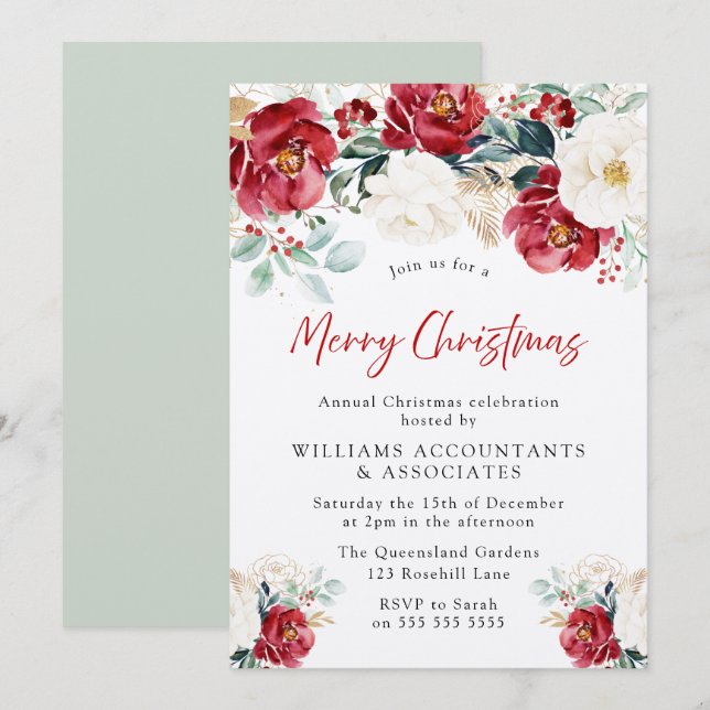 Schönes Weihnachtsfest in Rot-Grün-Blüte-Party Einladung (Vorne/Hinten)