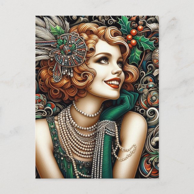 Schönes Weihnachtsflapper Frau Grünes Kleid Postkarte (Vorderseite)