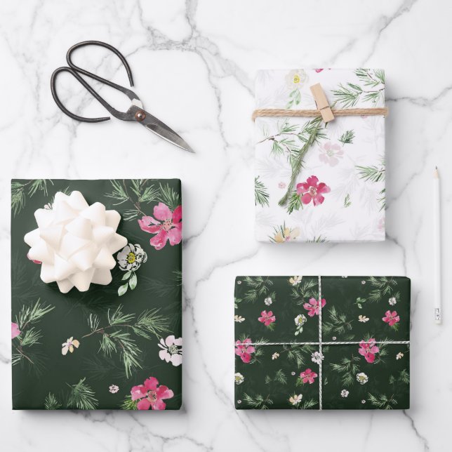Schönes Weihnachtsmuster der Wasserfarbe - Blume Geschenkpapier Set (Vorderseite)