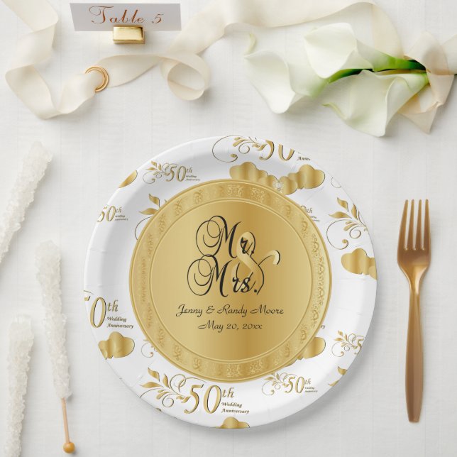 Schönes Weiß & Gold 50. Hochzeitstag Pappteller (Hochzeit)