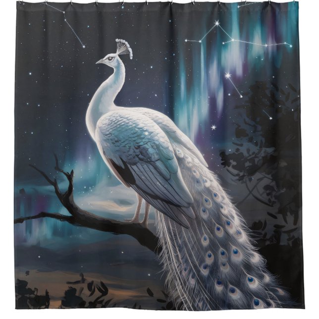 Schönes Weiß Pfau Aurora Borealis Landschaftlich Duschvorhang (Vorderseite)